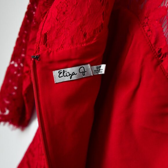ELIZA J Red Lace Dress 3/4 Sleeves - Size 2P - Picture 10 of 12
